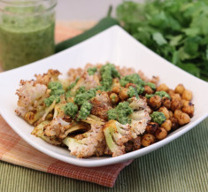 Roasted Cauliflower and Chickpeas with Zhoug Sauce