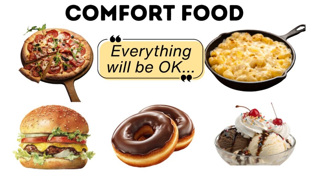 Image of comfort foods including pizza, mac and cheese, a big burger, donuts and ice cream.  Includes the caption "Everything will be OK..."