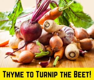 Picture of a variety of root vegetables with the caption "Thyme to Turnip the Beet!"
