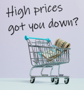 An image of a shopping cart with a stack of cash in it, along with the caption "High prices got you down?"