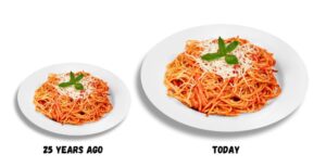 Image of a small plate of pasta representing portion size from 25 years ago and a larger plate of pasta representing portion size from today