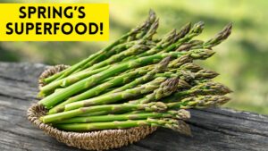 Photo of a bunch of asparagus with the caption "Spring's Superfood!"