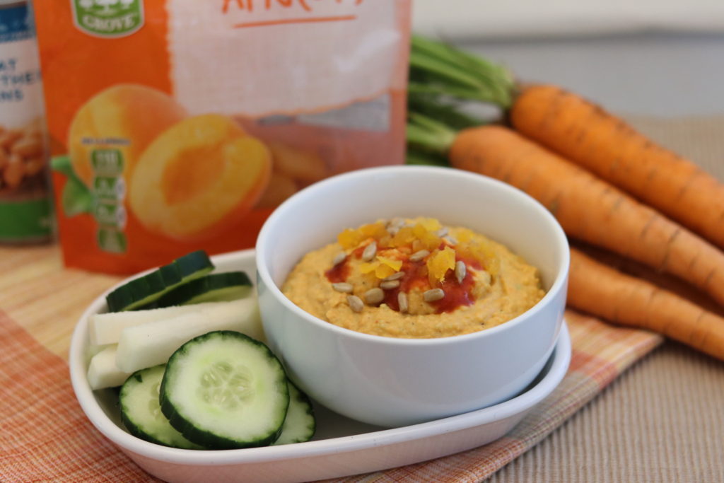 A photo of the Sweet & Spicy Sriracha Carrot Hummus