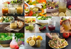 Multiple images of beautiful salad dressings in mason jars