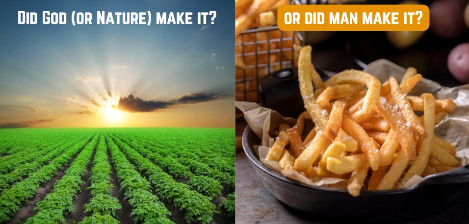 Image contrasting naturally grown potatoes in a field with man-made processed french fries