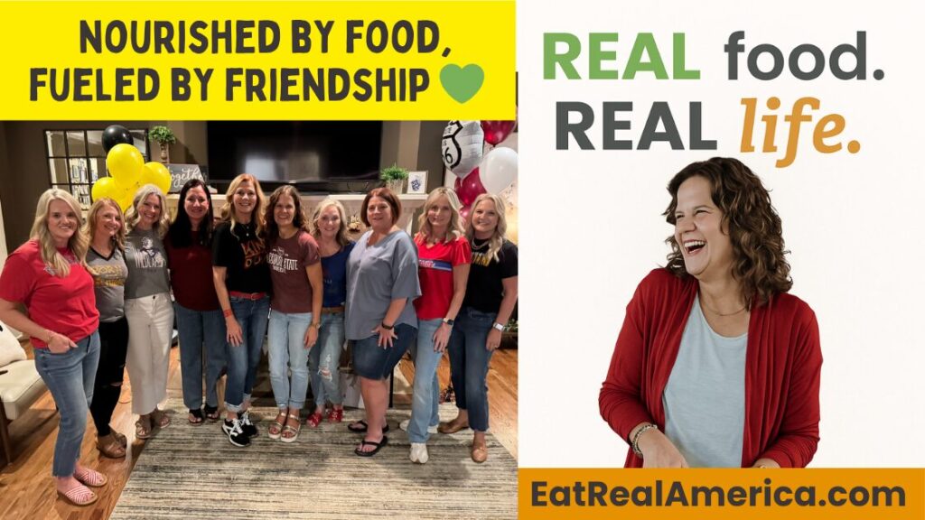 Picture of Krista and a group of good friends with the caption "Nourished by Food, Fueled by Friendship"