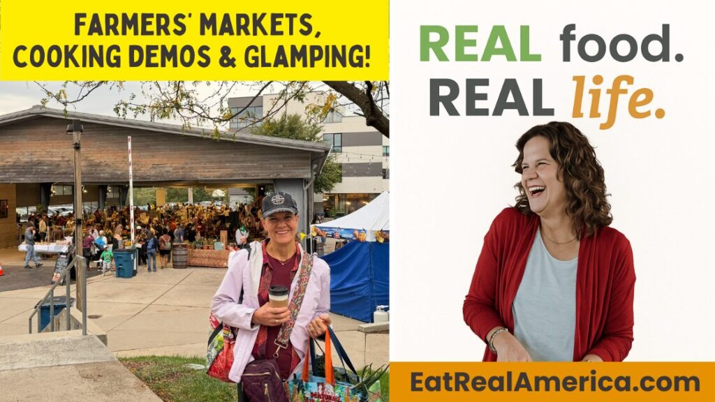 Photo of Krista at the Farmers' Market of the Ozarks with the caption "Farmers' Markets, Cooking Demos & Glamping!"