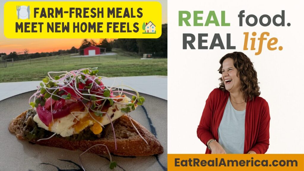 Photo of avocado toast with a red barn in the background, along wtih the caption "Farm-Fresh Meals Meet New Home Feels"