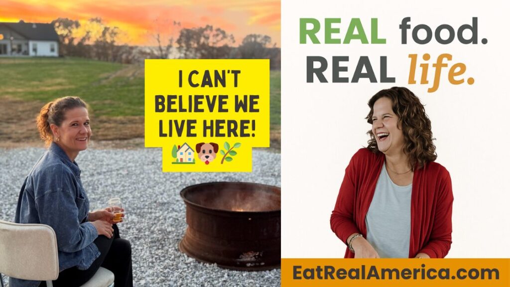 Image of Krista sitting by a fire at sunset with the caption "I can't believe we live here"