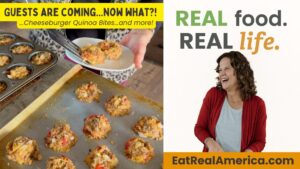 A photo of Cheeseburger Quinoa Bites with the caption "Guests are Coming...Now What?!"