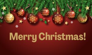Image of Christmas decorations with the caption "Merry Christmas!"