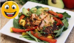 Photo of Chile Lime Salmon Fajita Salad with a happy face