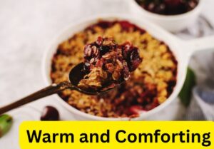 Photo of a spoonful of baked oatmeal with the caption "Warm and Comforting"