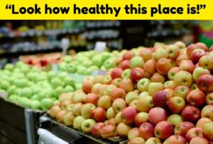Photo of colorful selection of apples with the caption "Look how healthy this place is!"