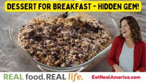 Picture of the Almond Joy Baked Oatmeal, along with the caption "Dessert for Breakfast - Hidden Gem!"  This is part of the REAL food. REAL life. series on eatrealamerica.com